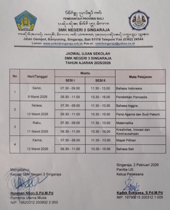 Pengumuman Pelaksanaan Ujian Sekolah Tahun Ajaran 2025/2026