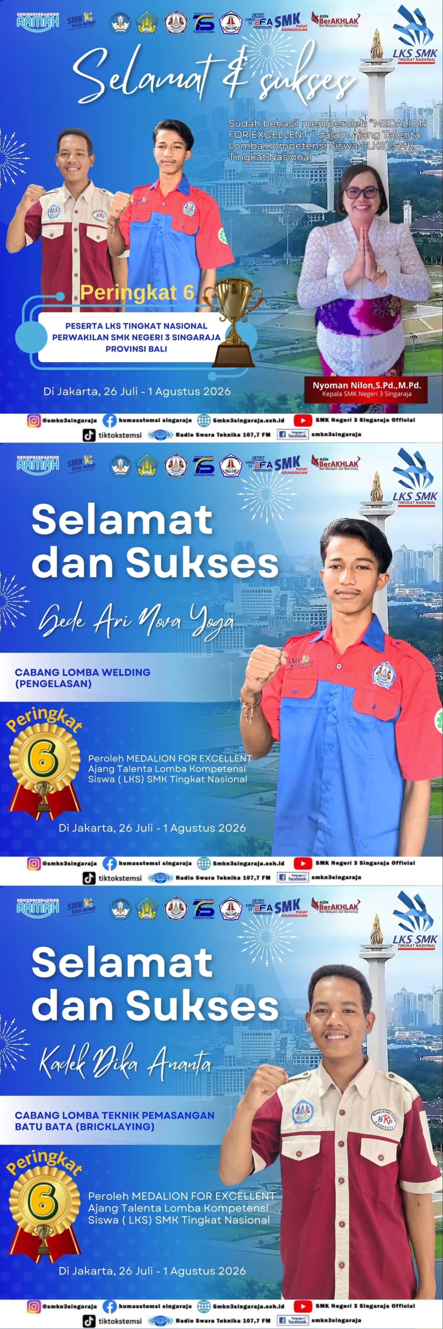 Prestasi SMK Negeri 3 Singaraja pada Ajang Talenta Lomba Kompetensi Siswa (LKS) SMK Tingkat Nasional Tahun 2026
