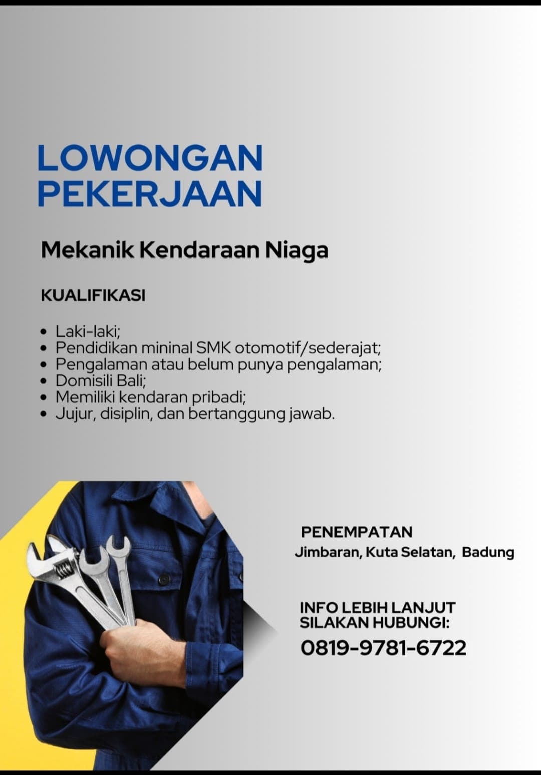 Loker Mekanik Kendaraan Niaga