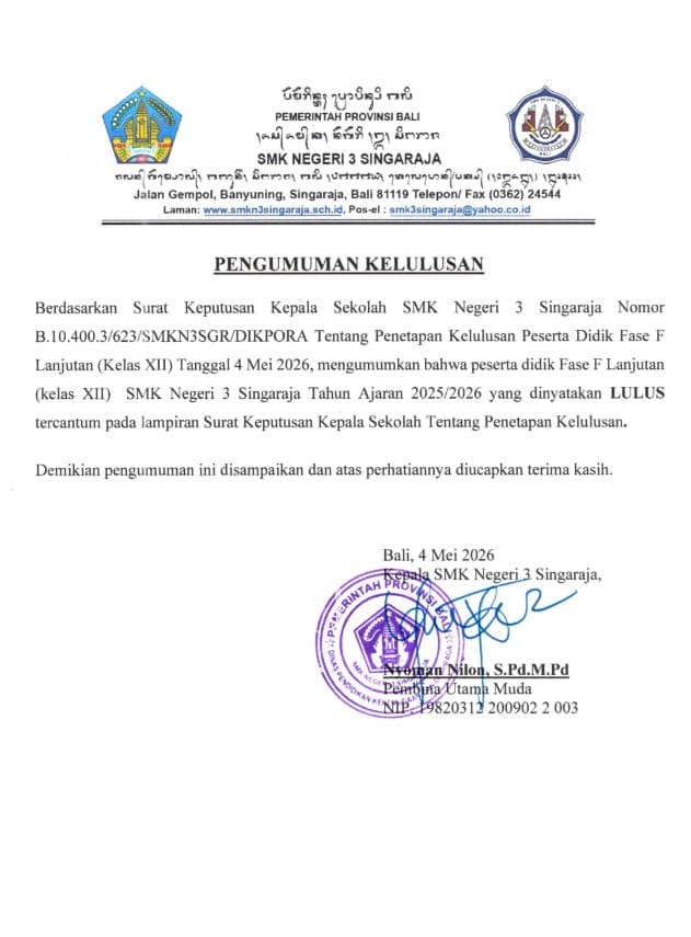 PENGUMUMAN KELULUSAN FASE F LANJUTAN TA 2025/2026