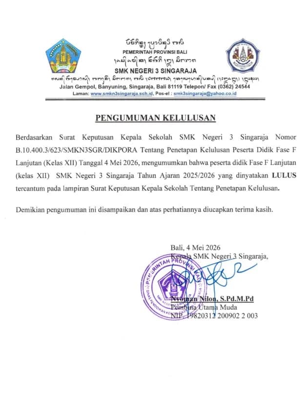 PENGUMUMAN KELULUSAN FASE F LANJUTAN TA 2025/2026