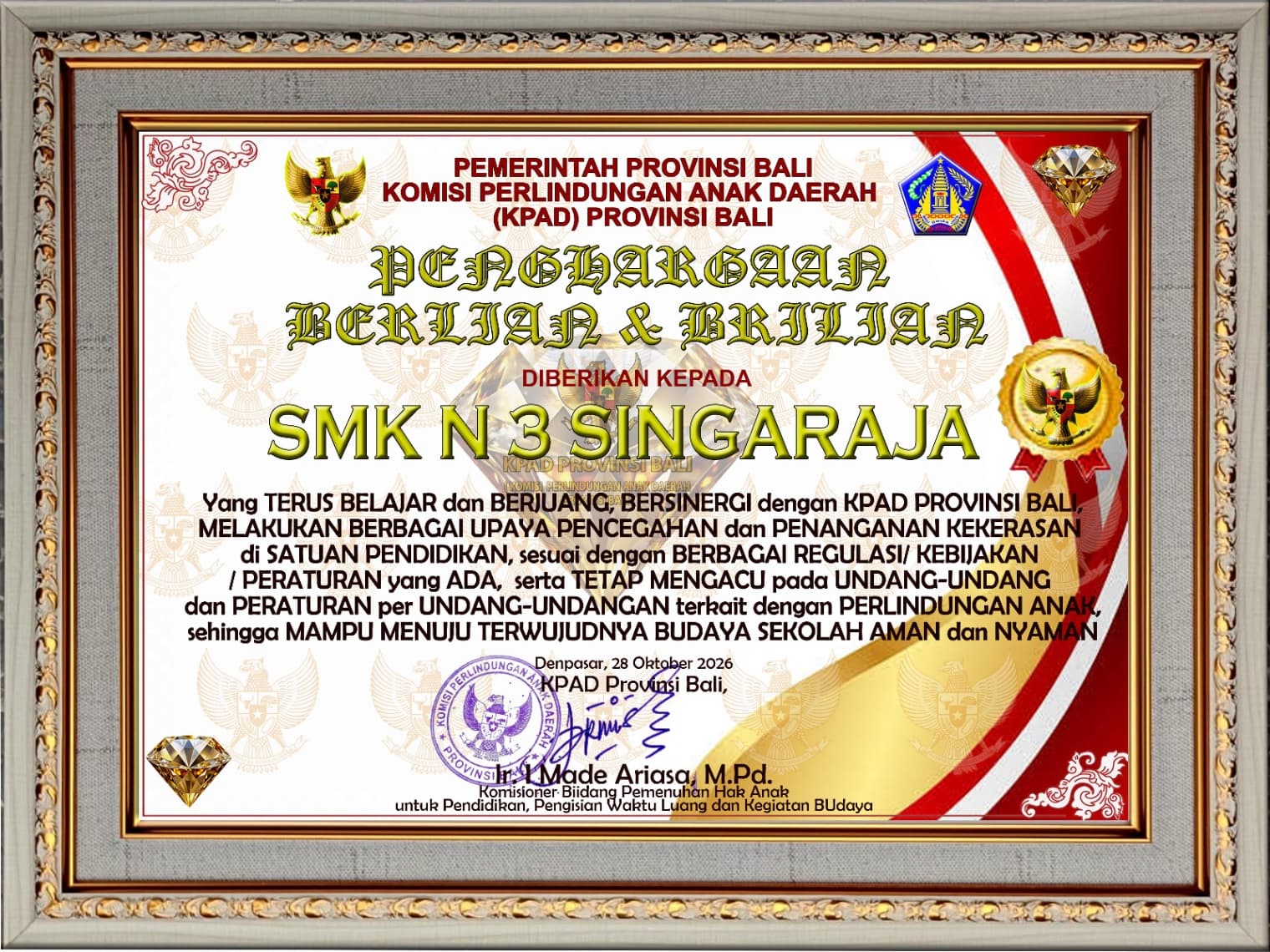 Penghargaan BerLiAn dan BriLiAn (Bersama Lindungi Anak dengan Cerdas) dari Komisi Perlindungan Anak Daerah (KPAD) Provinsi Bali